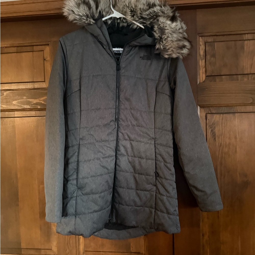 The North Face Women's Dark Gray Quilted Hooded Puffer with Faux Fur Trim